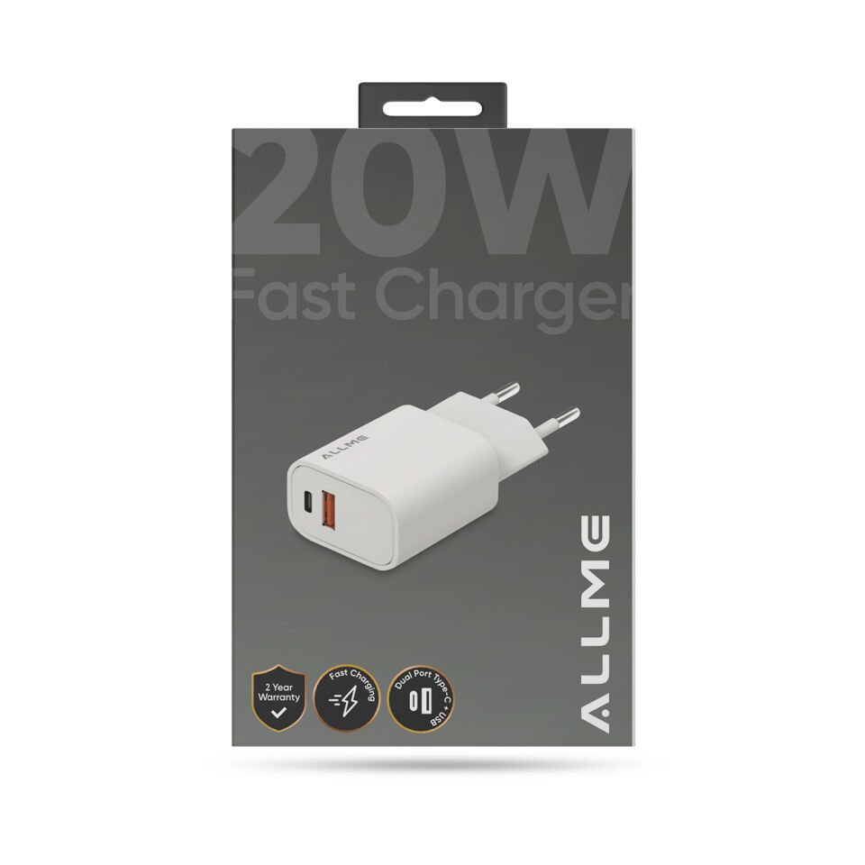 Allme SS20ATUB 20W&18W PD+QC Hızlı Şarj Adaptörü Beyaz