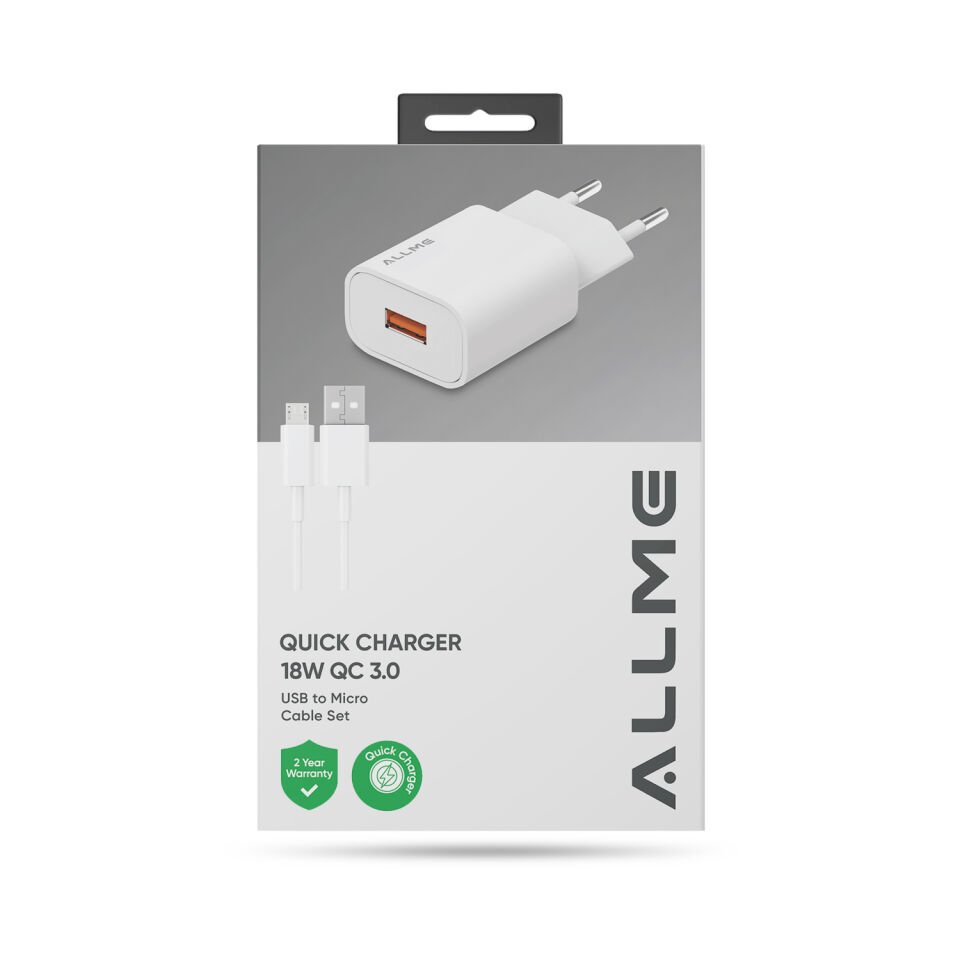 Allme SS18UMB 18W QC Adaptör + 3A USB to Micro Kablolu Hızlı Şarj Seti Beyaz