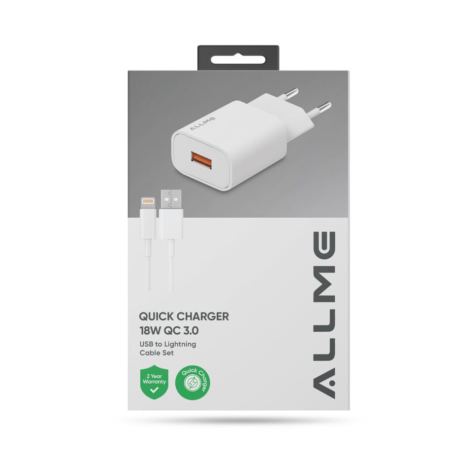 Allme SS18ULB 18W QC Adaptör + 3A USB to Lightning Kablolu Hızlı Şarj Seti Beyaz