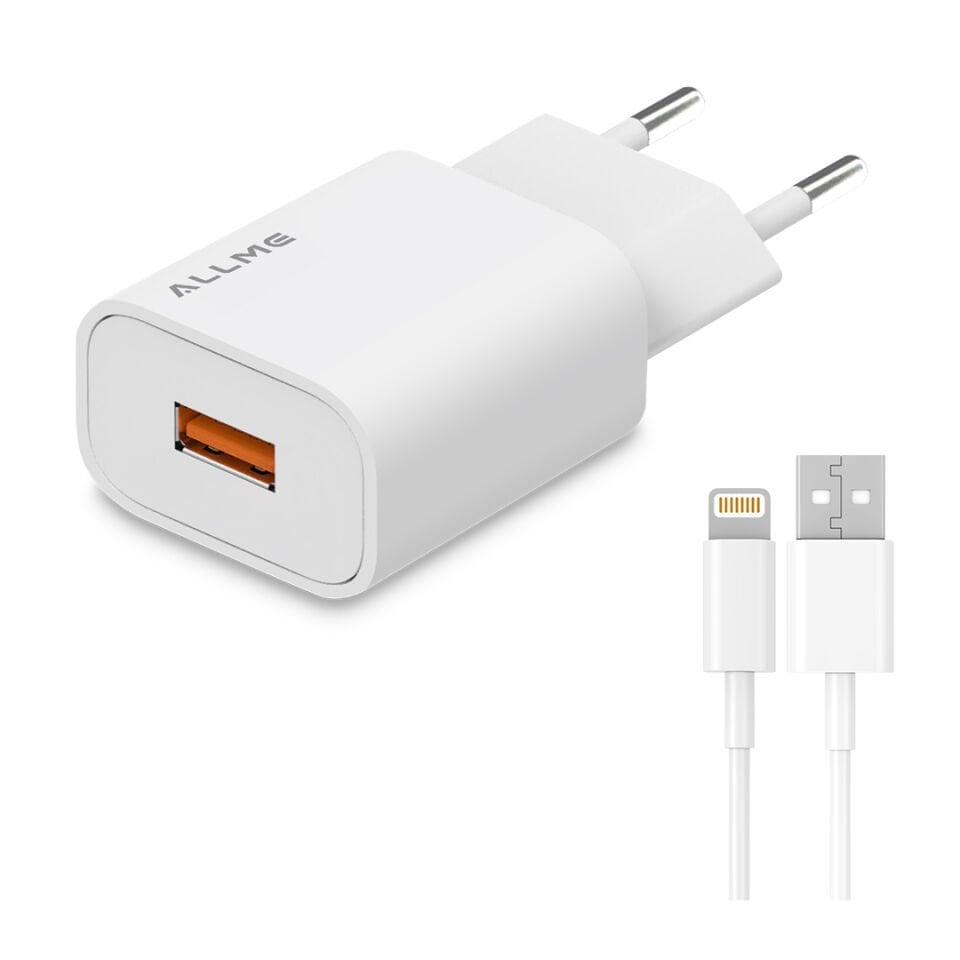 Allme SS18ULB 18W QC Adaptör + 3A USB to Lightning Kablolu Hızlı Şarj Seti Beyaz
