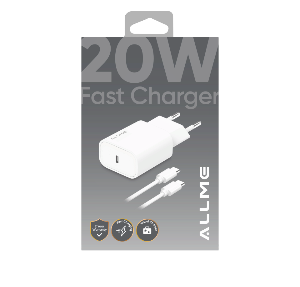 Allme SS20TTB 20W PD Adaptör + 3A Type-C to Type-C Kablolu Hızlı Şarj Seti Beyaz