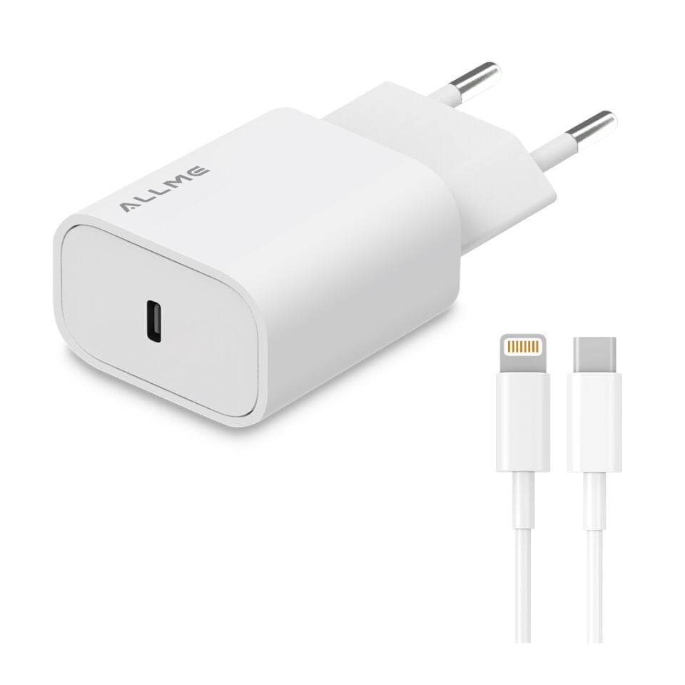 Allme SS20TLB 20W PD Adaptör + 3A Type-C to Lightning Kablolu Hızlı Şarj Seti Beyaz