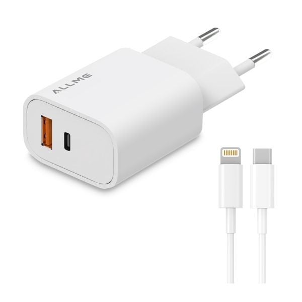 Allme SS2018TLB USB-A+USB-C Dual Port 20W PD 18W QC Adaptör + 3A Type-C to Lightning Kablolu Hızlı Şarj Seti Beyaz