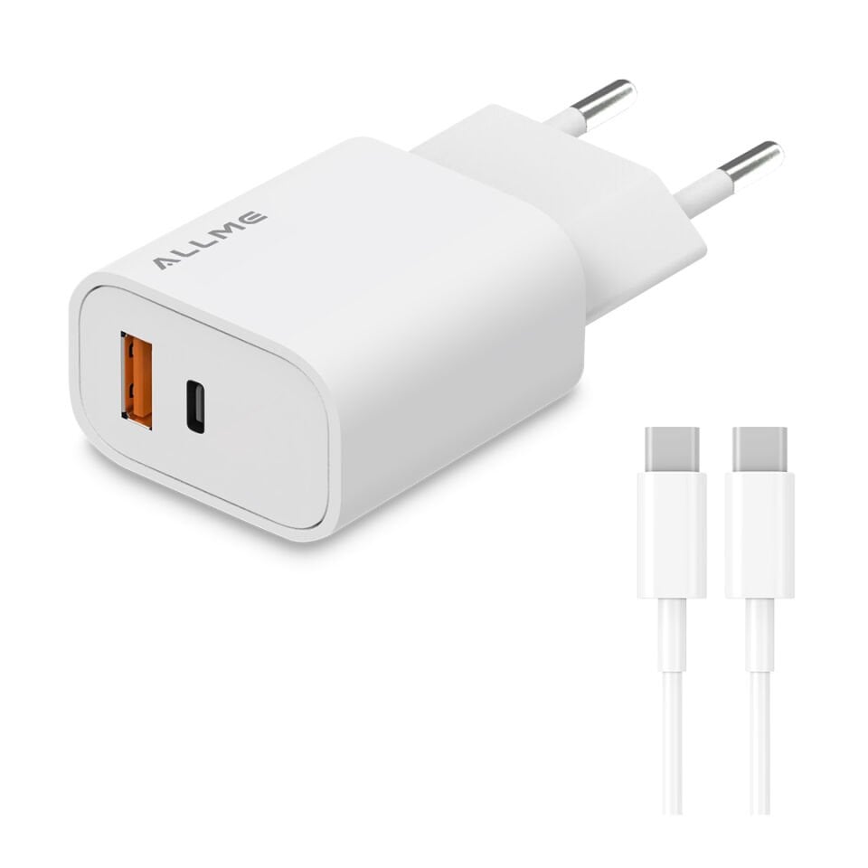 Allme SS2018TTB USB-A+USB-C Dual Port  20W PD 18W QC Adaptör + 3A Type-C to Type-C Kablolu Hızlı Şarj Seti Beyaz