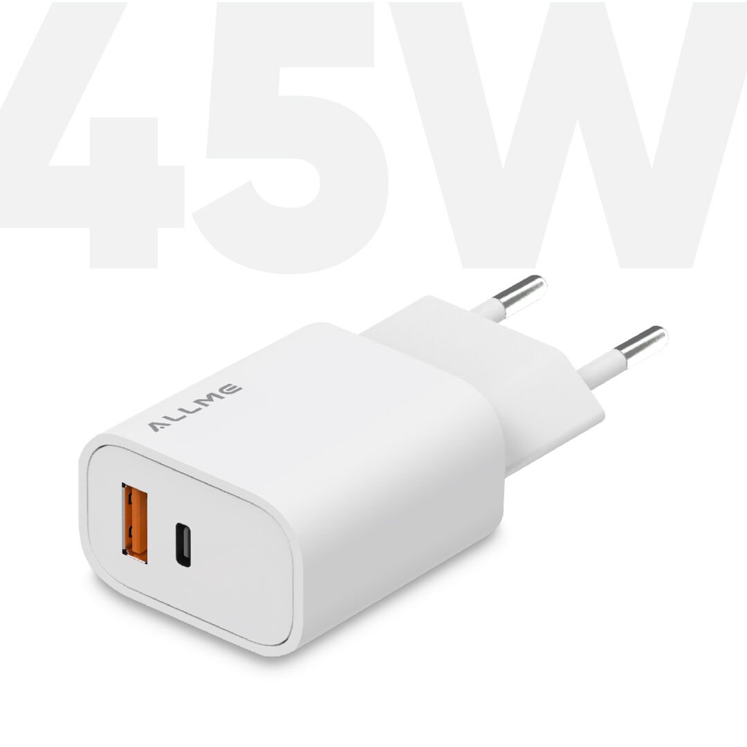 Allme SS45AGTUB USB-A+USB-C&PD+QC 45W GaN Şarj Adaptörü Beyaz