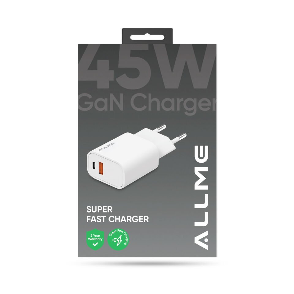 Allme SS45AGTUB USB-A+USB-C&PD+QC 45W GaN Şarj Adaptörü Beyaz