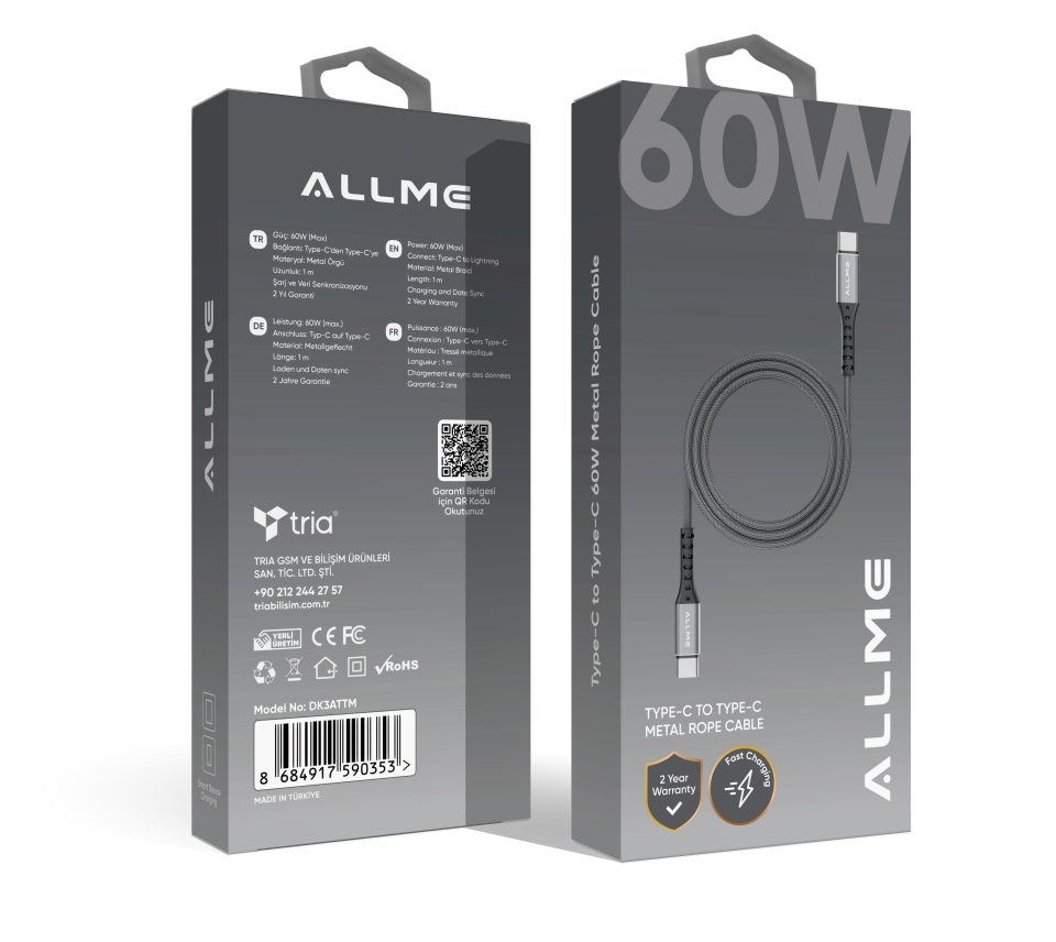 Allme DK3ATTM 60W Type-C to Type-C Metal Örgü Data Kablo Gri