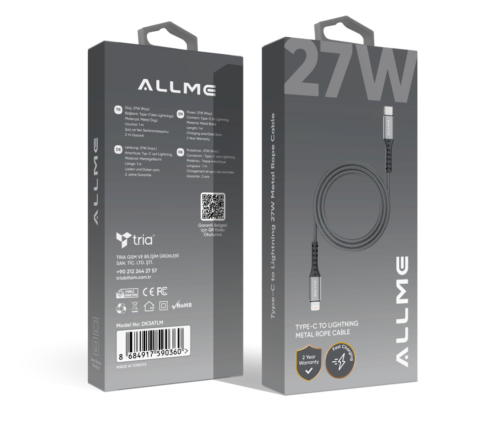 Allme DK3ATLM 27W Type-C to Lightning Metal Örgü Data Kablo Gri