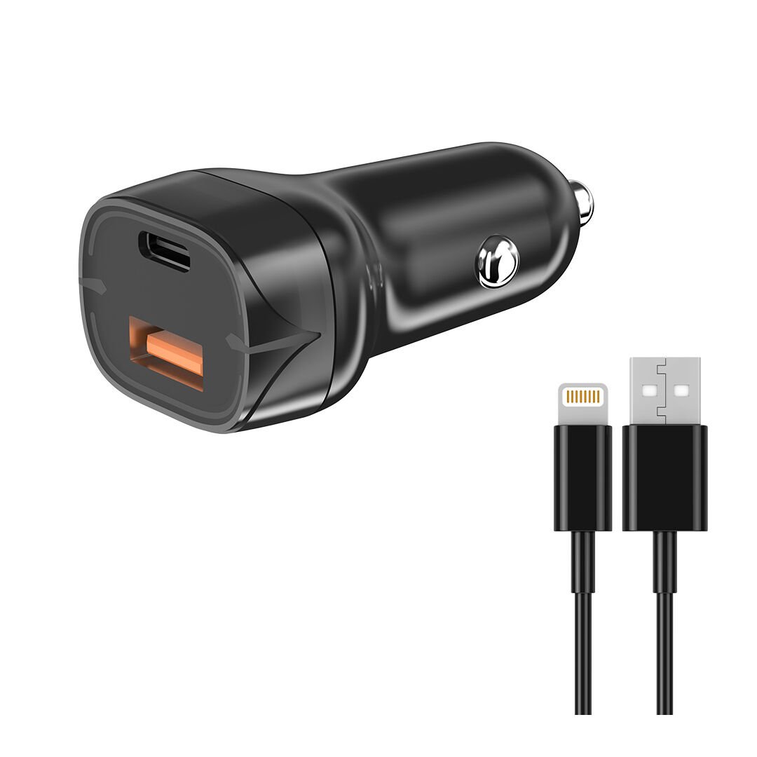 Allme AS48LS Dual Port 48W (30W PD+18W USB) Type-c to Lightning Kablolu Hızlı Araç Şarj Seti Siyah