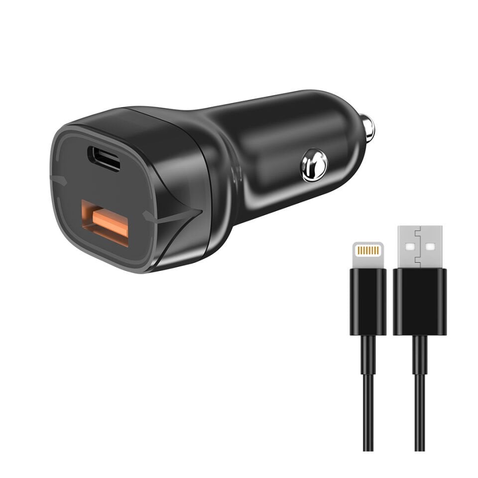 Allme AS48LS Dual Port 48W (30W PD+18W USB) Type-c to Lightning Kablolu Hızlı Araç Şarj Seti Siyah