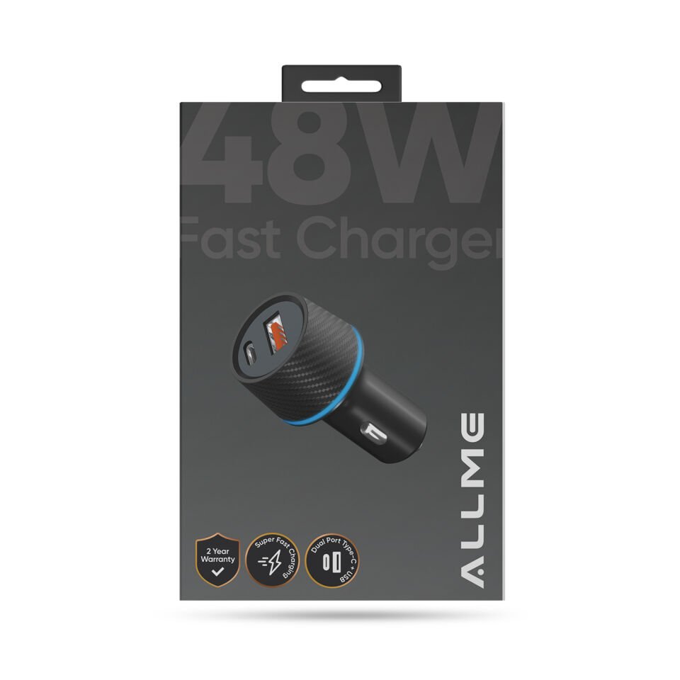 Allme AS3018AS Dual Port 48W PD + QC (30W+ 18W USB+Type-C) Hızlı Araç Şarj Adaptörü Siyah