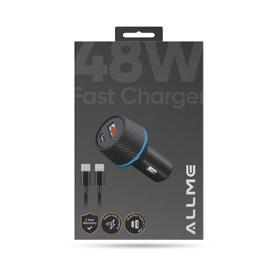 Allme AS3018TLS Dual Port 48W PD + QC(30W+18W) Type-C to Lightning Kablolu Hızlı Araç Şarj Seti Siyah