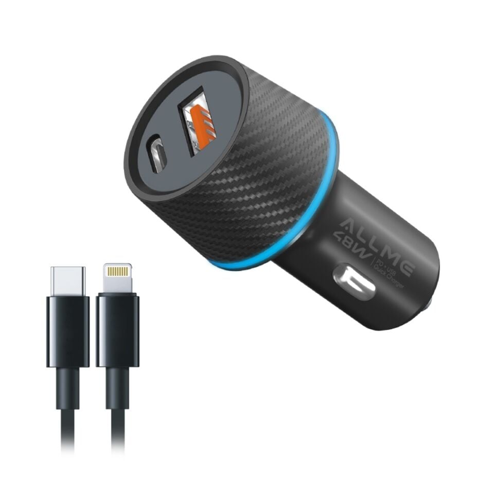Allme AS3018TLS Dual Port 48W PD + QC(30W+18W) Type-C to Lightning Kablolu Hızlı Araç Şarj Seti Siyah