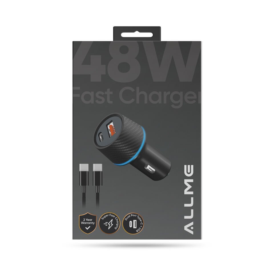 Allme AS3018TTS Dual Port 48W PD + QC(30W+18W) Type-C to Type-C Kablolu Hızlı Araç Şarj Seti Siyah