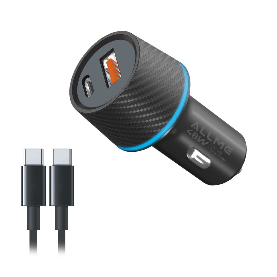 Allme AS3018TTS Dual Port 48W PD + QC(30W+18W) Type-C to Type-C Kablolu Hızlı Araç Şarj Seti Siyah