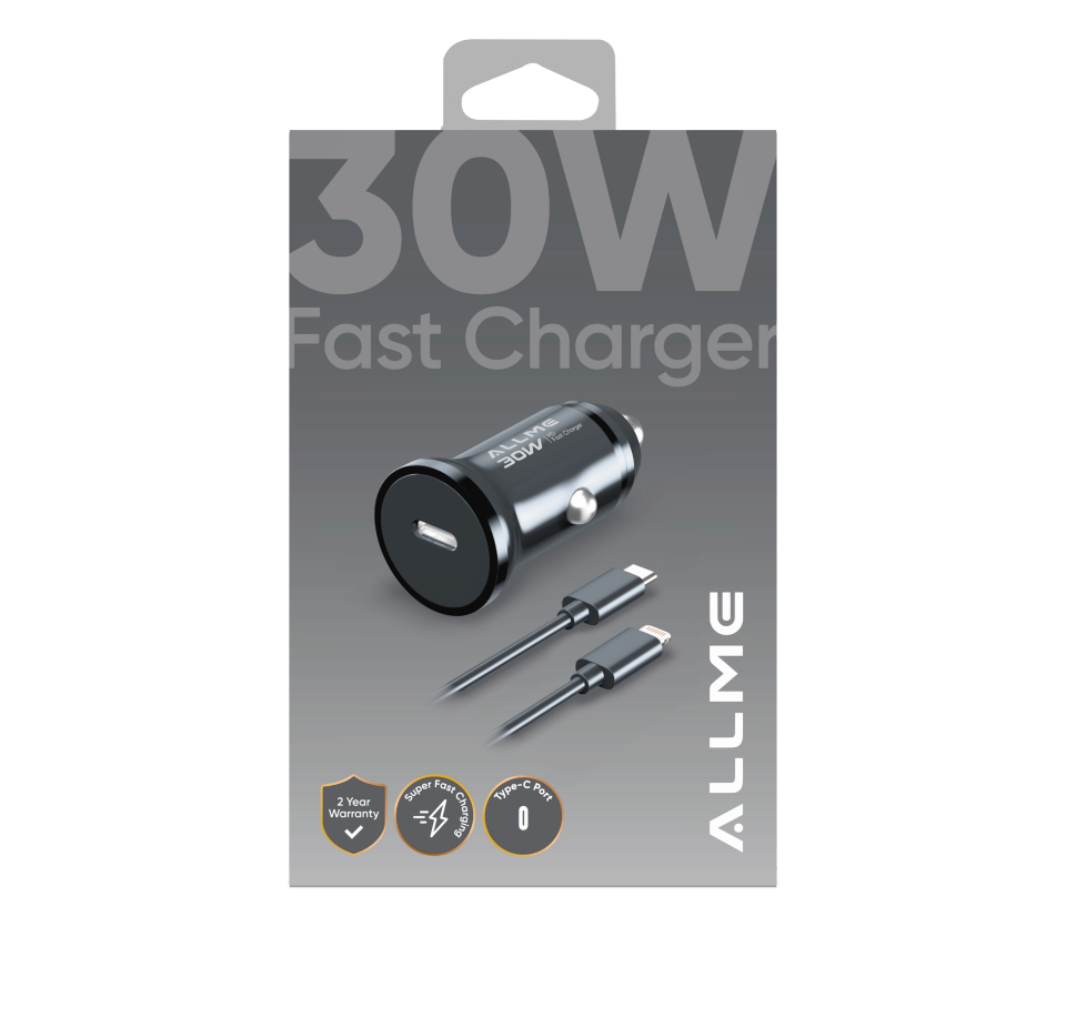 Allme AS30TLS PD 30W Type-C to Lightning Kablolu Hızlı Araç Şarj Seti Siyah