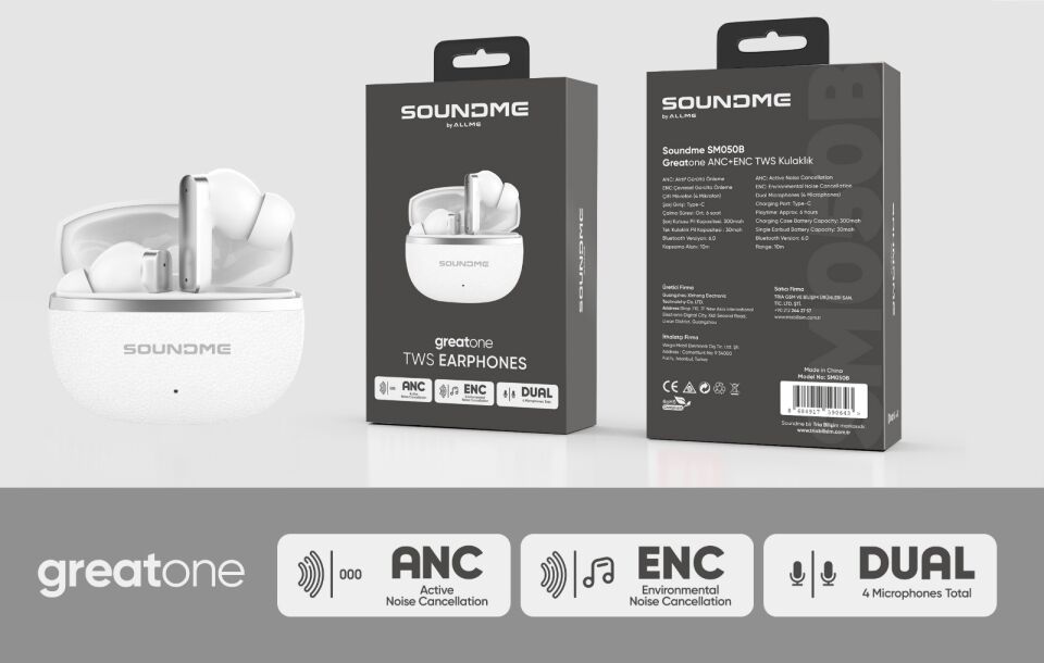Soundme SM050B Greatone ANC+ENC TWS Kulaklık Beyaz